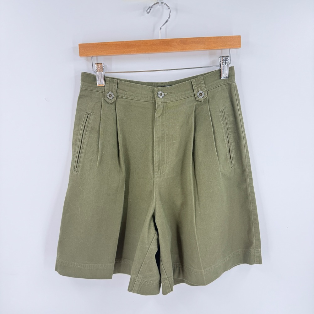 Vintage 90s Lizsport Pleated Shorts Olive Green 8P High Waist Cotton Utility